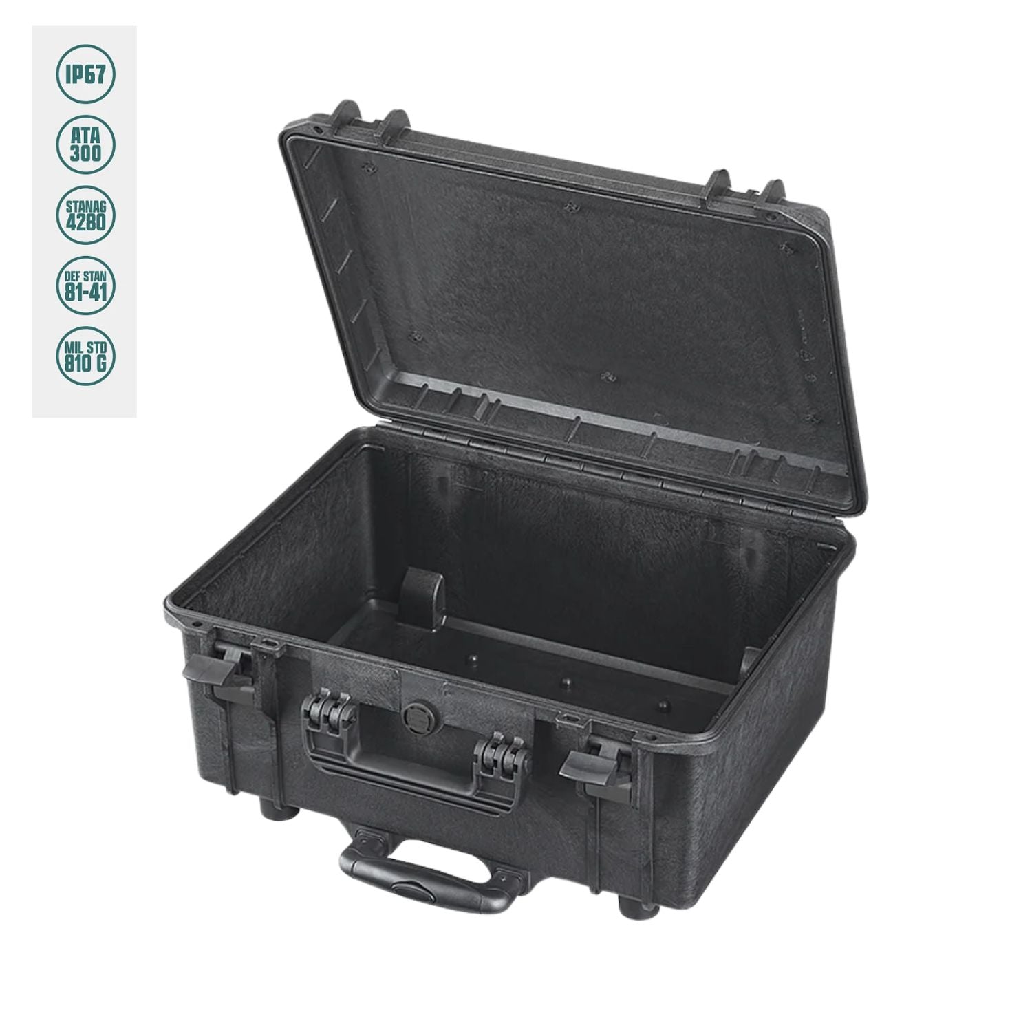Black waterproof lighting hard case with foam-lined interior and latch closure